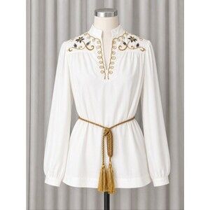 Vintage Caron Chicago White  Embellished Belted Blue Accents Western Boho Blouse